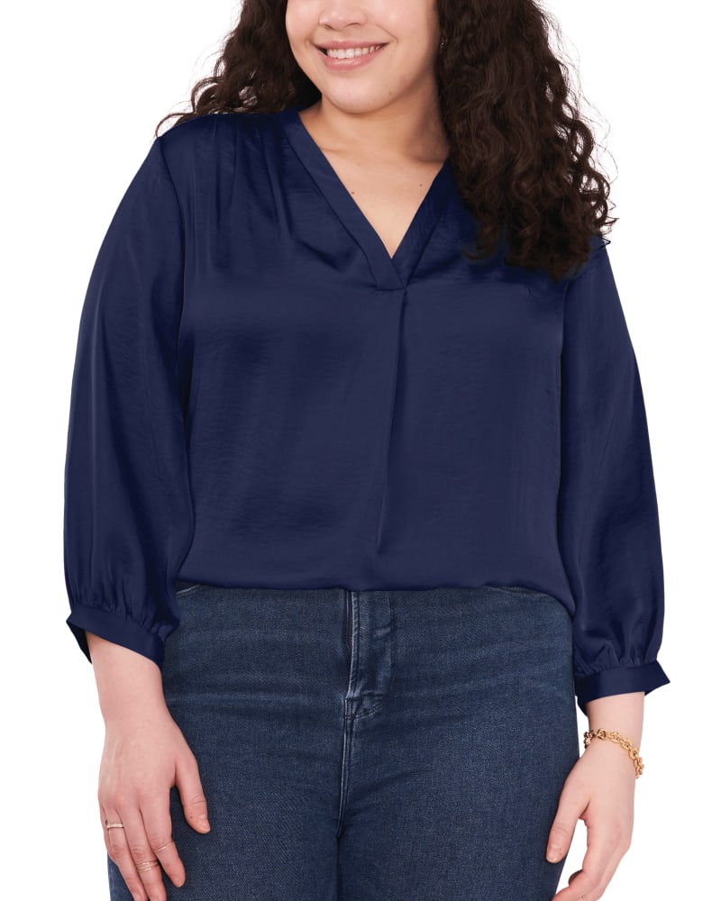 Front of a model wearing a size 1X Everley V-Neck Blouse in CLASSIC NAVY by Vince Camuto. | dia_product_style_image_id:261523